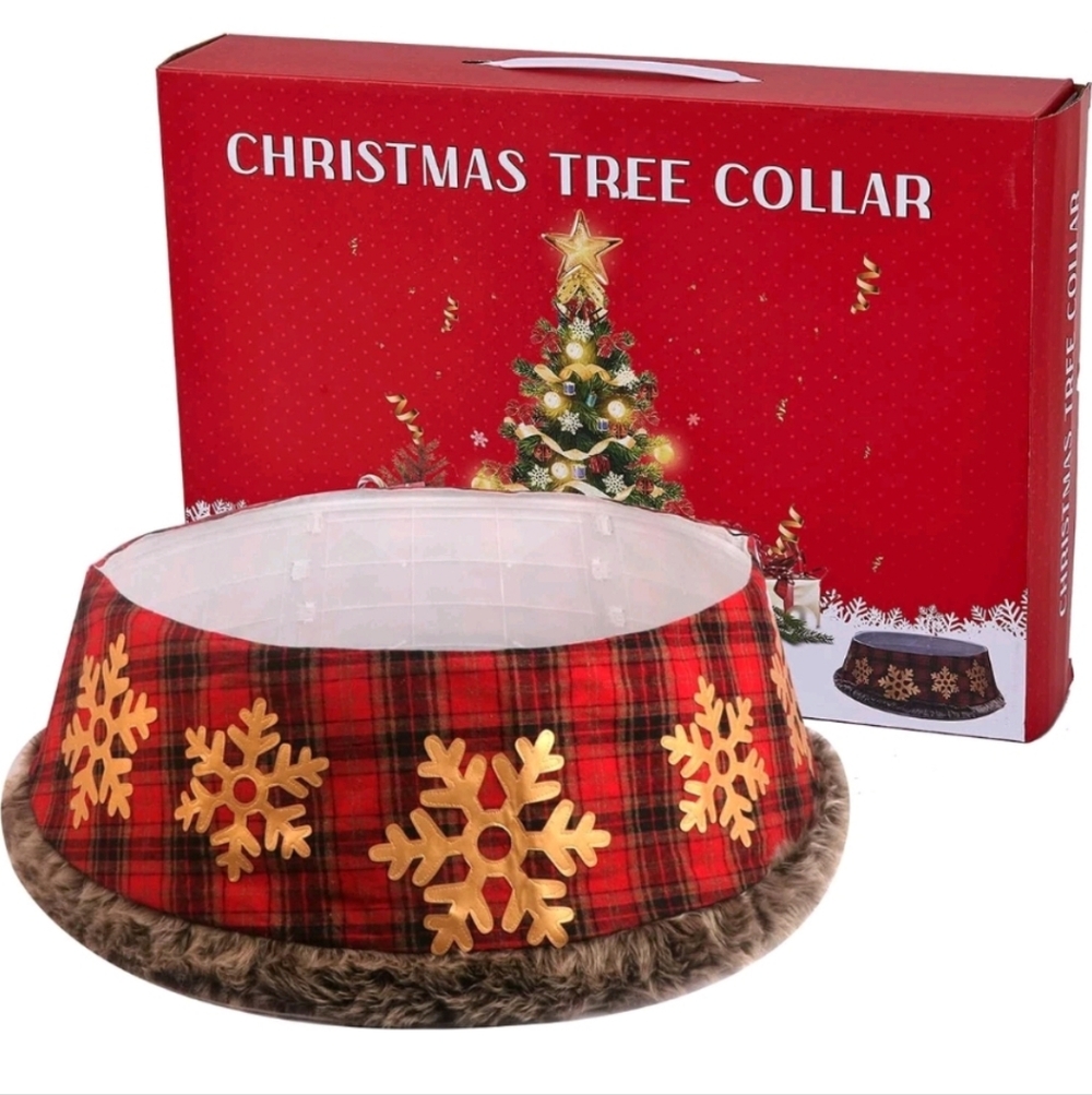 Plaid Snowflake Fur Trimmed Tree Collar Home Accent - Picture 2 of 8